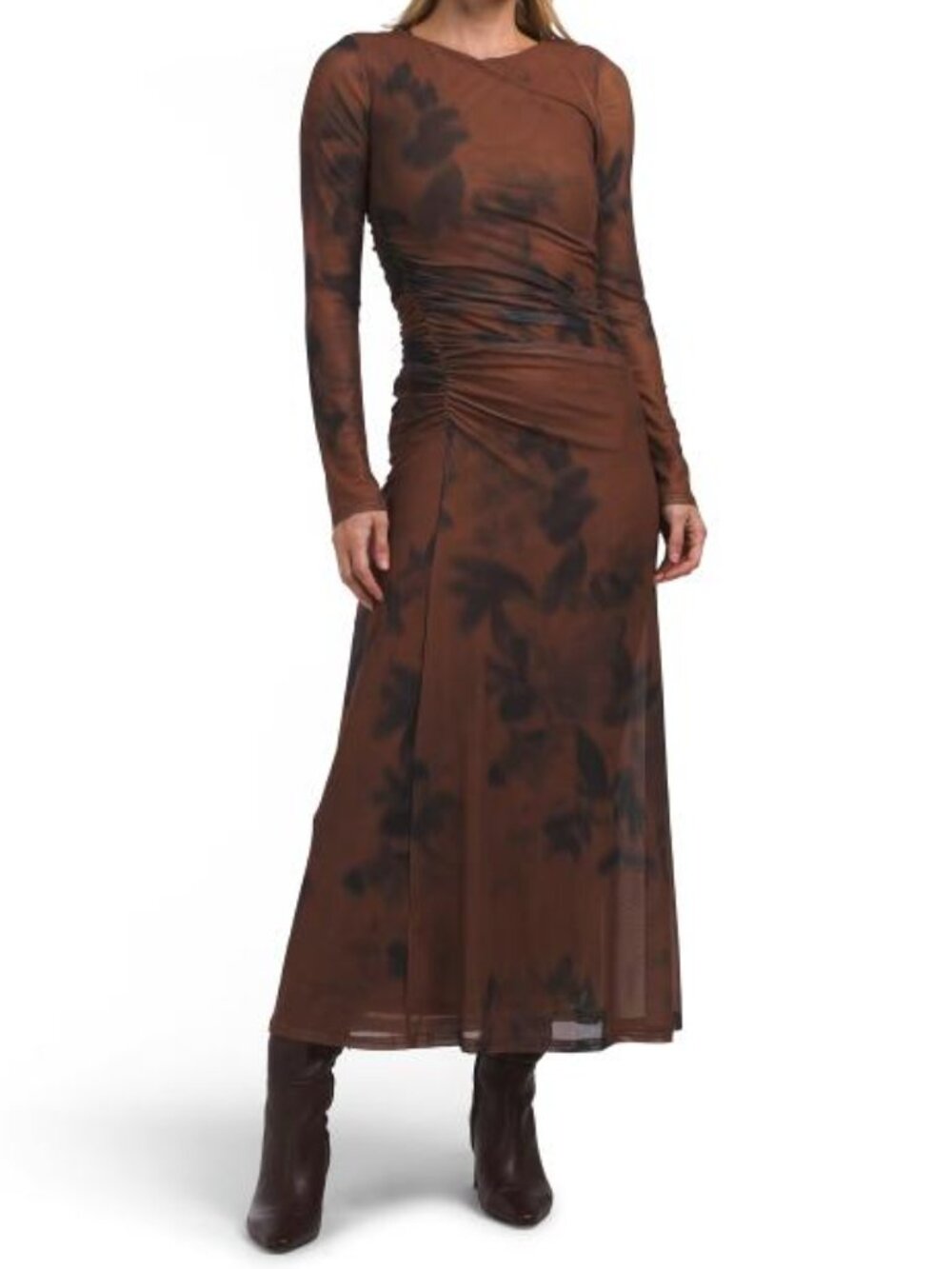 WHITE CLOSET Long Sleeve Blurred Floral Mesh Maxi Dress